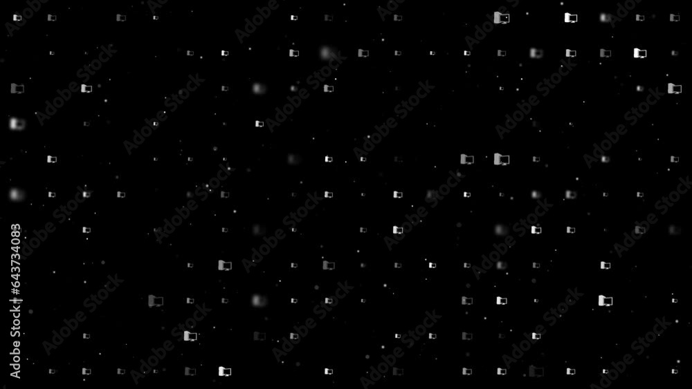 Poster template animation of evenly spaced desktop symbols of different sizes and opacity. animation of tra