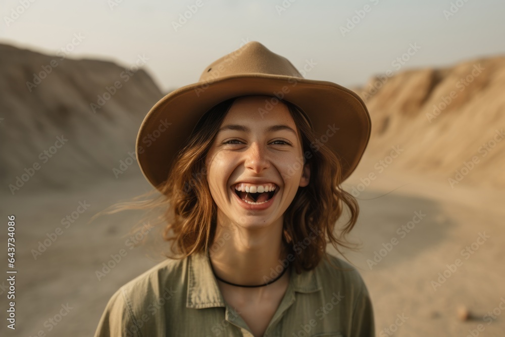 Poster environmental portrait photography of a joyful girl in his 20s wearing a whimsical sunhat at the dar