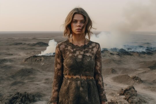 Lifestyle portrait photography of a joyful girl in his 30s wearing a delicate lace choker at the darvaza gas crater in derweze turkmenistan. With generative AI technology