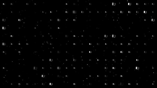 Template animation of evenly spaced desktop symbols of different sizes and opacity. Animation of transparency and size. Seamless looped 4k animation on black background with stars