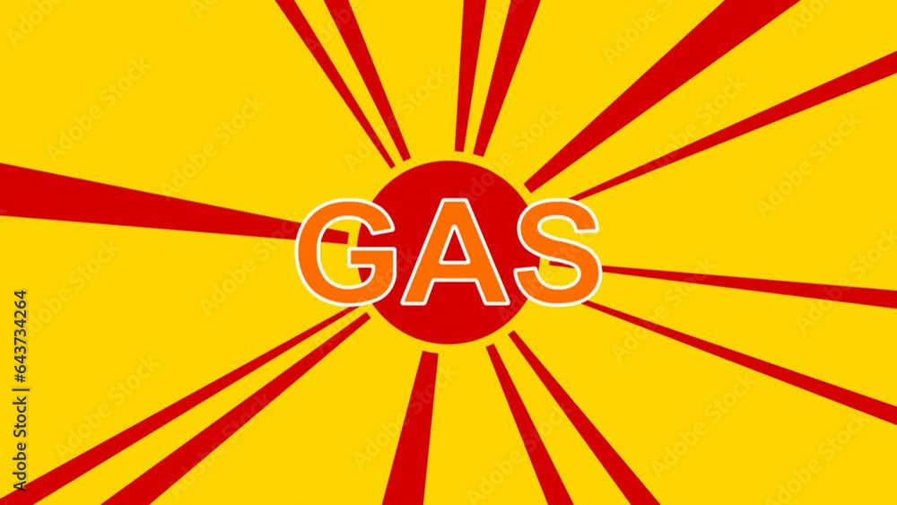 Poster gas text symbol on the background of animation from moving rays of the sun. large orange symbol incr