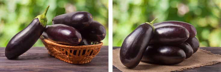 eggplant in a wicker basket on wooden table with blurred green background