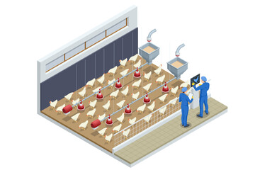 Isometric Indoors Chicken Farm, Chicken Feeding. Poultry Farm Web Banner