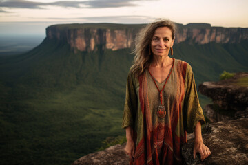 Naklejka premium Environmental portrait photography of a merry mature woman wearing a glamorous sequin top at the mount roraima in guiana shield south america. With generative AI technology