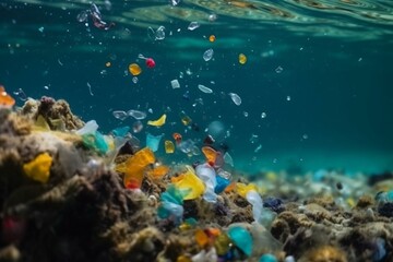 Obraz na płótnie Canvas Water pollution worldwide from microplastics. Plastic recycling backdrop. Plastic fragments in the ocean. Single-use plastics. Generative AI