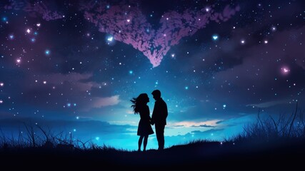 Naklejka na ściany i meble Couple with stars in the sky silhouetted together on a grassland, happy anniversary wallpaper with copy space for text