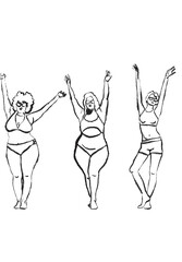 Collection de trois jeune femme heureuse, les bras en l’air, en maillot de bain aux morphologies diverse, esquisse réaliste et minimaliste 