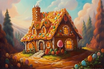 Oil painting of Hansel and Gretel's gingerbread house on a fairytale background, ideal for children's illustrations. Generative AI - obrazy, fototapety, plakaty