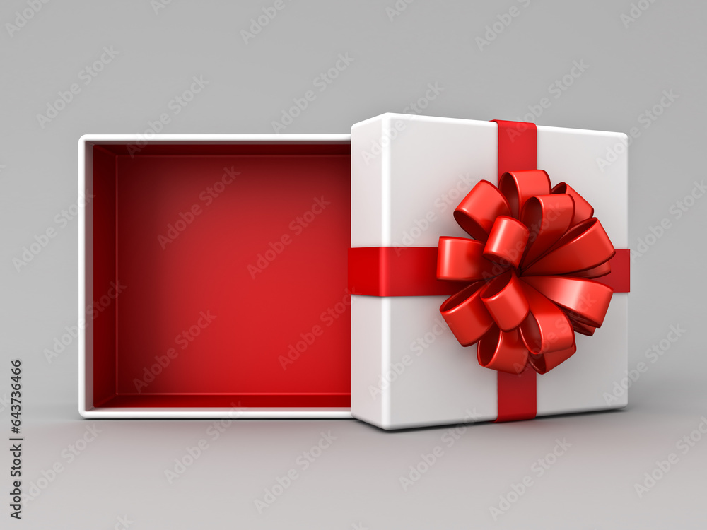 Aufkleber White gift box open with blank red bottom box or opened present box tied with red ribbon and bow isolated on gray white background with shadow minimal creative idea conceptual 3D rendering