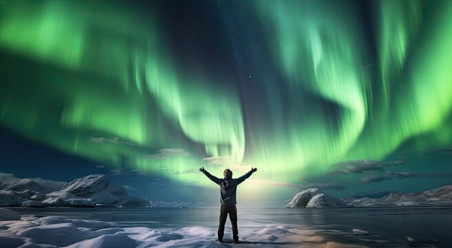 A man embracing the beauty of nature under the mesmerizing aurora lights © pham