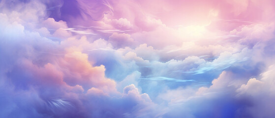 Niebiańska kraina - tło chmury w odcieniach błękitu i różu. Rajskie obłoki w powietrzu. Blask i światłość. - obrazy, fototapety, plakaty