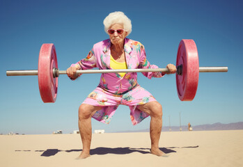 An elderly woman performing a squat exercise with a barbell - obrazy, fototapety, plakaty