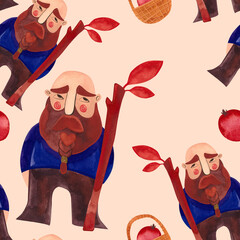 Watercolor seamless patern with autumn gnomes . Seasonal wrapping paper. Fall. Raster illustration for packaging, wallapers, wrapping paper, textile. Beige background