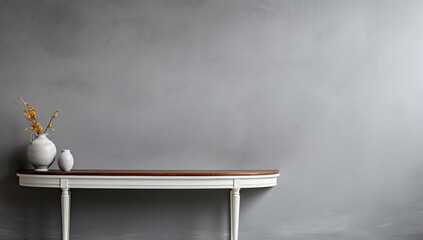 A wooden white white table next to a gray wall, in the style of minimalist color fro mock up, background, backdrop