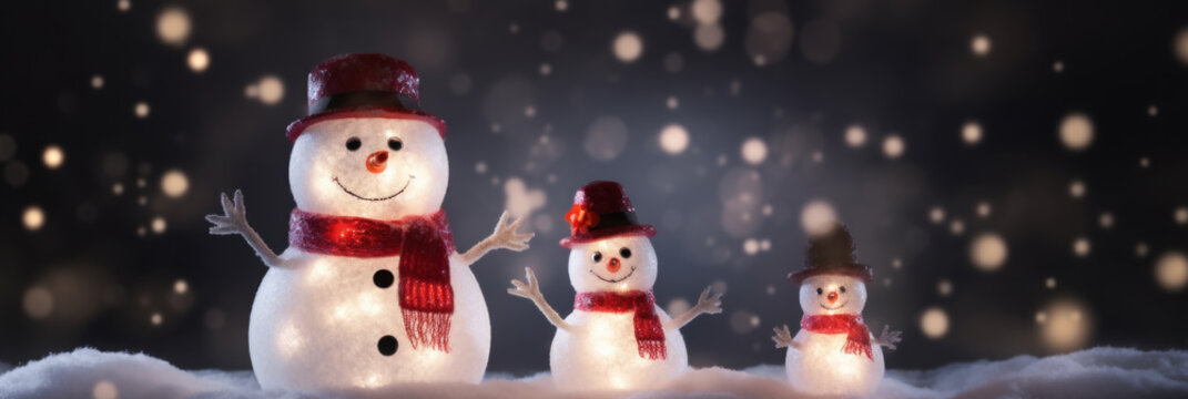 Snowman family at night on snow background, Merry Christmas and Happy New Year banner.