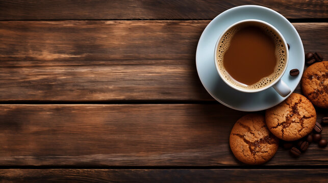 A cup of coffee and cookies on a wooden table top, top view.