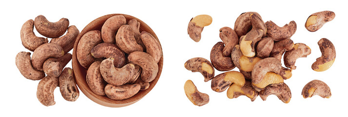 cashew nuts heap with shell in wooden bowl isolated on white background. Top view. Flat lay