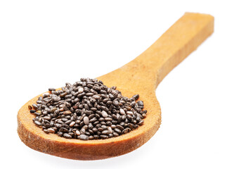 Chia seeds in wooden spoon isolated on white background.