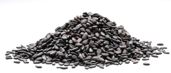 Heap of black cumin seeds isolated on white background.