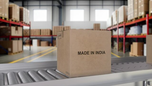 Made in INDIA import and export concept. Cardboard boxes with product from INDIA on the roller conveyor