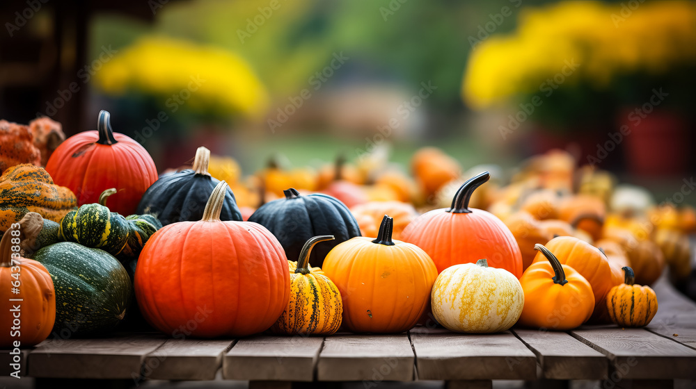 Poster a colorful display of pumpkins apples and gourds at an autumn farmers market background with empty s