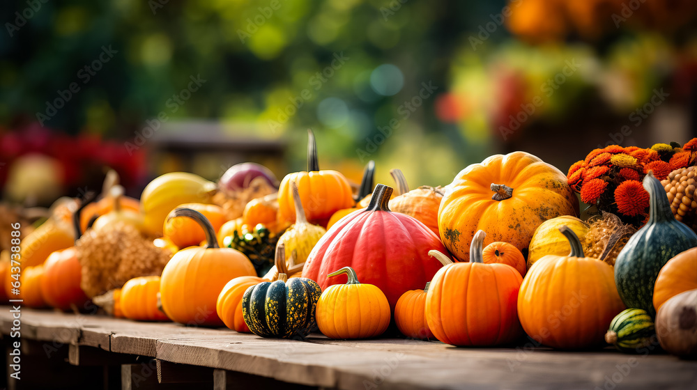 Poster a colorful display of pumpkins apples and gourds at an autumn farmers market background with empty s