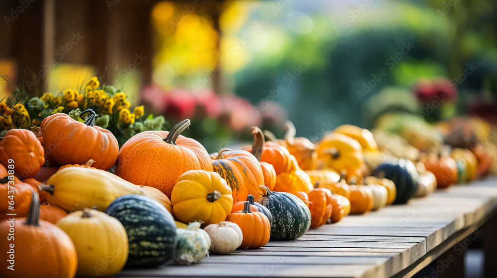 Poster a colorful display of pumpkins apples and gourds at an autumn farmers market background with empty s