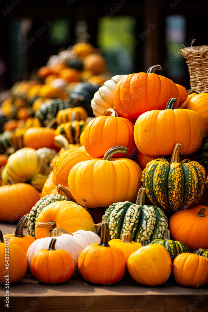Poster a colorful display of pumpkins apples and gourds at an autumn farmers market background with empty s