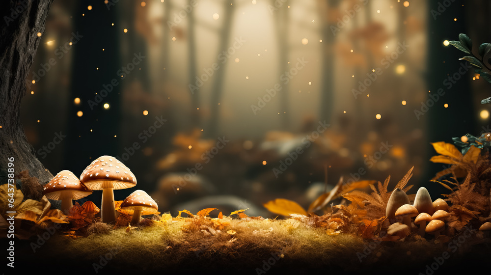 Aufkleber a cozy autumnal forest setting filled with fallen leaves and mushrooms background with empty space f