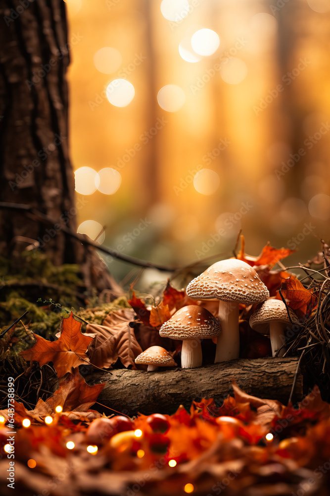 Aufkleber a cozy autumnal forest setting filled with fallen leaves and mushrooms background with empty space f