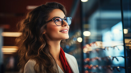 Close-up of a gorgeous young woman smiling while choosing eyeglasses at an optician in a shopping mall. Happy beautiful woman shopping for glasses - obrazy, fototapety, plakaty