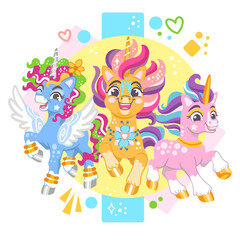 Obraz na płótnie Canvas Cute cartoon characters three cool unicorns vector illustration