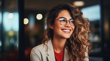 Close-up of a gorgeous young woman smiling while choosing eyeglasses at an optician in a shopping mall. Happy beautiful woman shopping for glasses