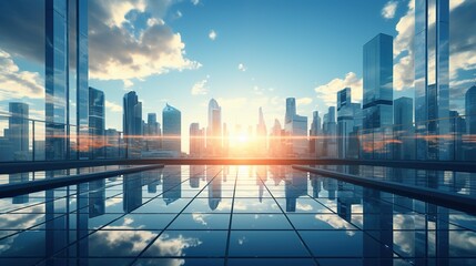 Obraz premium Glass facades of a skyscraper on a bright sunny day with sunbeams in the blue sky. Modern buildings in the business district. Economy, finance, business activity concept. Perspective view