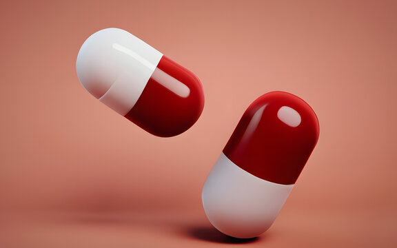 White and red pills on red background. 3d render.