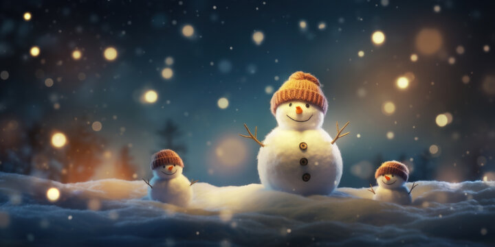 Snowman family at night on snow background, Merry Christmas and Happy New Year