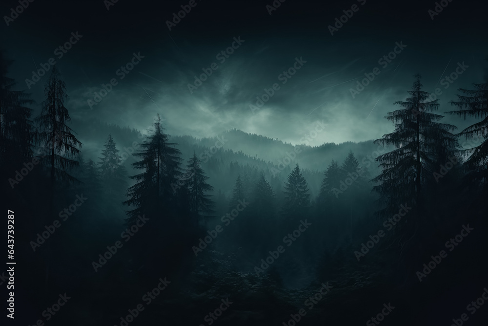 Aufkleber a misty forest with haunting trees shrouded in darkness background with empty space for text