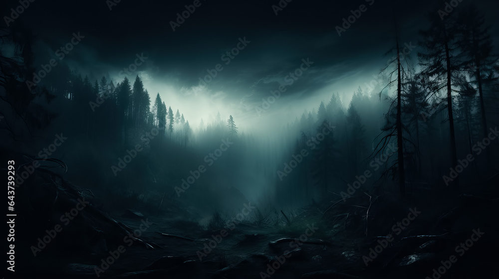Poster a misty forest with haunting trees shrouded in darkness background with empty space for text