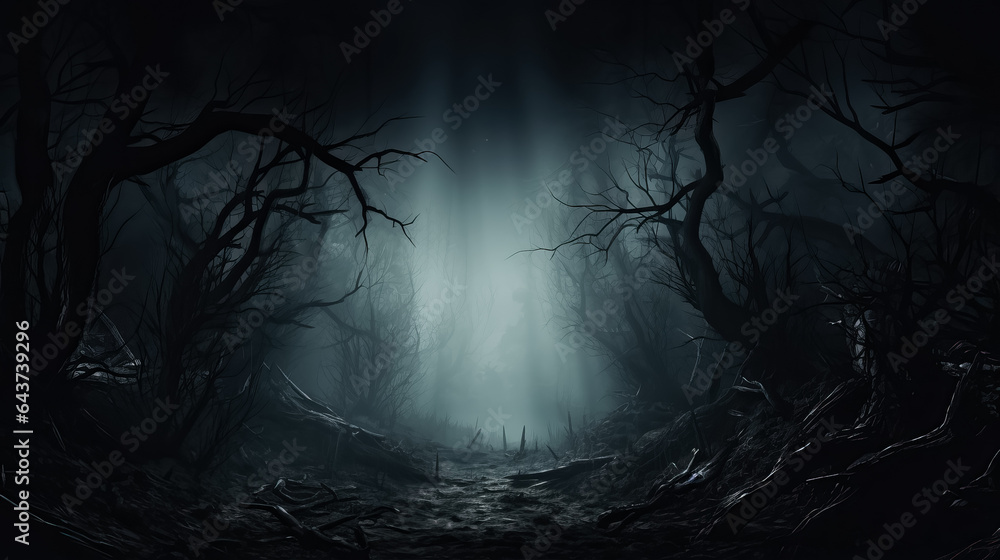 Poster a misty forest with haunting trees shrouded in darkness background with empty space for text
