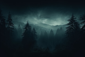 Fototapeta na wymiar A misty forest with haunting trees shrouded in darkness background with empty space for text 