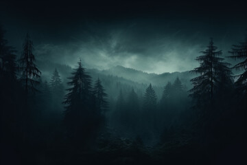A misty forest with haunting trees shrouded in darkness background with empty space for text 