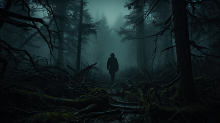 A misty forest shrouded in darkness where spooky silhouettes and eerie shadows create an atmosphere of spine-chilling mystery  - obrazy, fototapety, plakaty