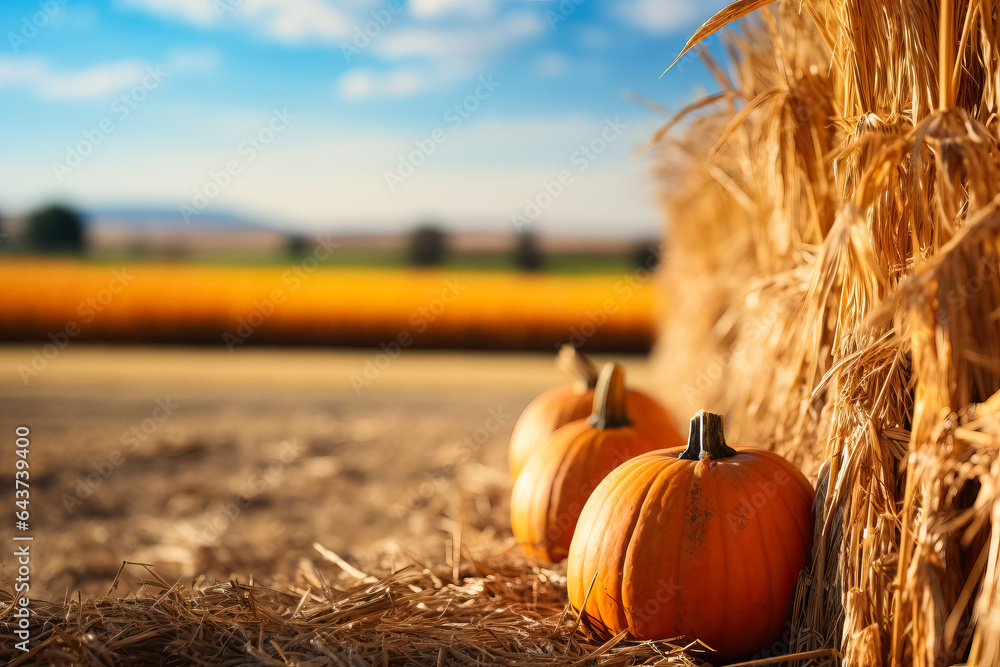 Poster a picturesque pumpkin patch with colorful gourds and hay bales background with empty space for text