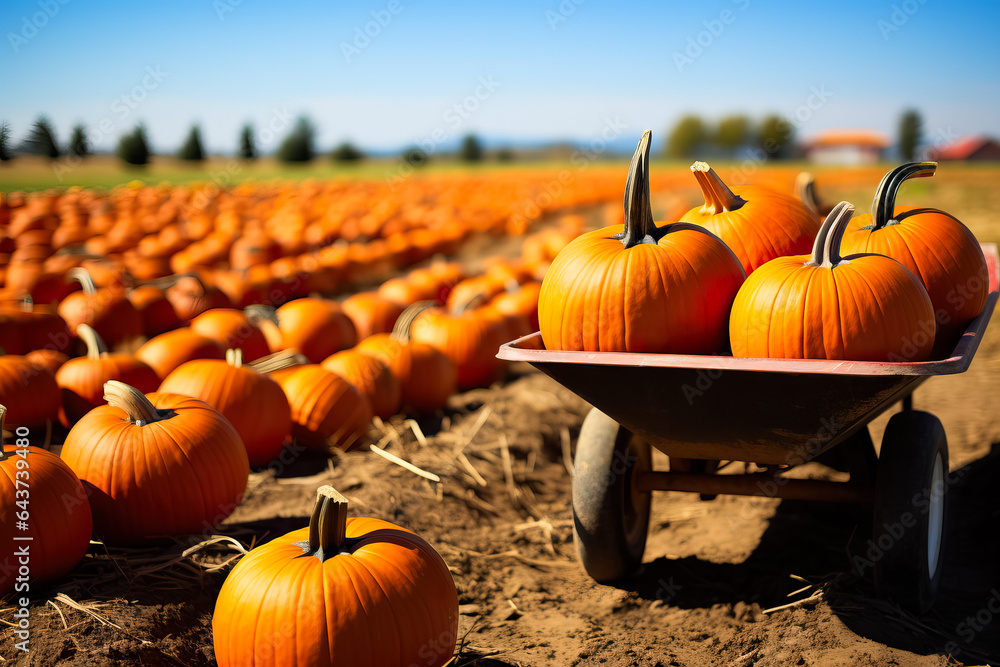 Poster a scenic pumpkin patch with a wheelbarrow filled with colorful pumpkins background with empty space 