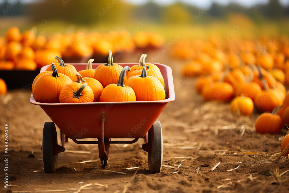Poster a scenic pumpkin patch with a wheelbarrow filled with colorful pumpkins background with empty space 