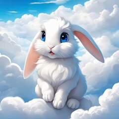Adorable Bunny on Fluffy Cloud in Blue Sky with Cute Eyes, AI Generated.