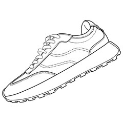 hand drawn sneakers, gym shoes, side and sole view. Image in different views - front, back, top, side, sole and 3d view. Doodle vector illustration.	

