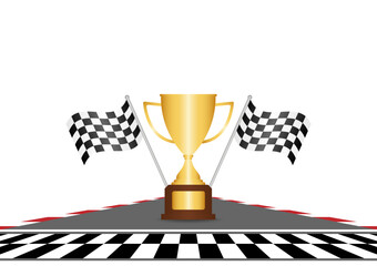 Golden Trophy Cup or Racing Champion Cup  with Checkered Flag in Racing Track. Champion and Winning or Celebration Concept. Vector Illustration.