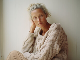 Beautiful old woman in beige knitwear sweater.