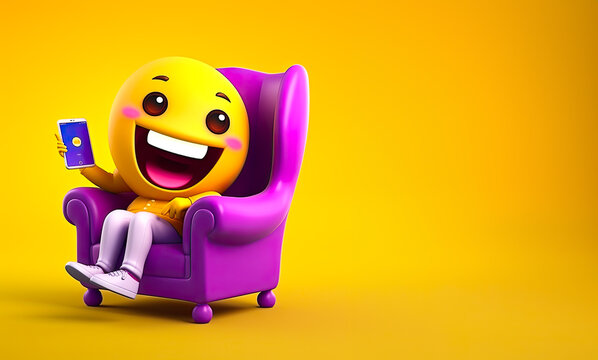 Smiley emoji sitting in an armchair with a smartphone. Concept of social media, likes, follows and emojis. 